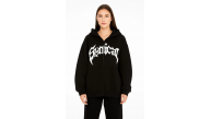 Kadın Kapüşonlu 3 İplik Şardonlu Önü Baskılı Fermuarlı Oversize Sweatshirt - Siyah Kadın Kapüşonlu 3 İplik Şardonlu Önü Baskılı Fermuarlı Oversize Sweatshirt - Siyah