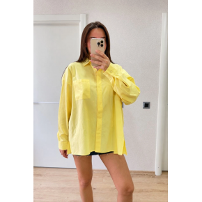 Kadın Oversize Pens Detaylı Cepli Yırtmaçlı Rahat Kalıp Poplin Gömlek - Sarı