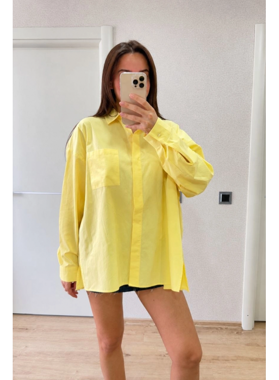 Kadın Oversize Pens Detaylı Cepli Yırtmaçlı Rahat Kalıp Poplin Gömlek - Sarı Kadın Oversize Pens Detaylı Cepli Yırtmaçlı Rahat Kalıp Poplin Gömlek - Sarı
