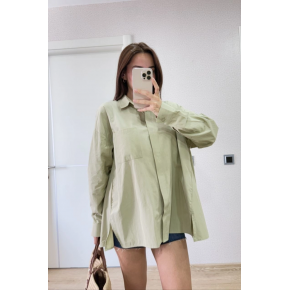 Kadın Oversize Pens Detaylı Cepli Yırtmaçlı Rahat Kalıp Poplin Gömlek - Yeşil