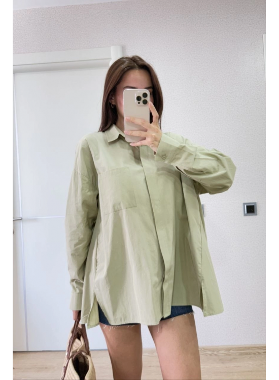 Kadın Oversize Pens Detaylı Cepli Yırtmaçlı Rahat Kalıp Poplin Gömlek - Yeşil