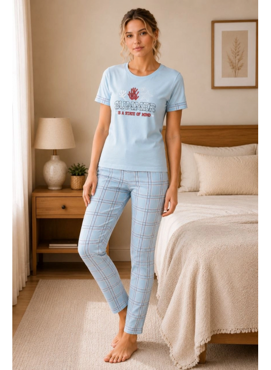 Kadın Pamuklu Penye Baskılı Kısa Kollu Bisiklet Yaka Ekose Desenli Pijama Takımı - Mavi Kadın Pamuklu Penye Baskılı Kısa Kollu Bisiklet Yaka Ekose Desenli Pijama Takımı - Mavi