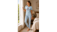 Kadın Pamuklu Penye Baskılı Kısa Kollu Bisiklet Yaka Ekose Desenli Pijama Takımı - Mavi Kadın Pamuklu Penye Baskılı Kısa Kollu Bisiklet Yaka Ekose Desenli Pijama Takımı - Mavi