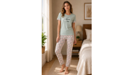 Kadın Pamuklu Penye Baskılı Kısa Kollu Bisiklet Yaka Pijama Takımı - Mint Kadın Pamuklu Penye Baskılı Kısa Kollu Bisiklet Yaka Pijama Takımı - Mint
