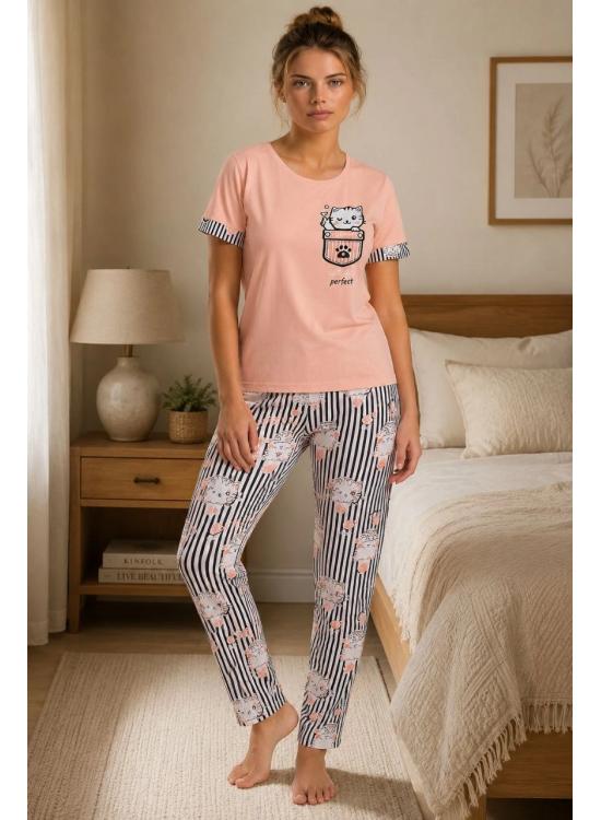 Kadın Pamuklu Penye Kedi Baskılı Kısa Kollu Bisiklet Yaka Çizgili Pijama Takımı - Pudra