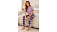 Kadın Pamuklu Penye Summer Baskılı Kısa Kollu Pijama Takımı Bisiklet Yaka Ekose Desenli - Lila