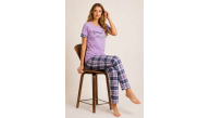Kadın Pamuklu Penye Summer Baskılı Kısa Kollu Pijama Takımı Bisiklet Yaka Ekose Desenli - Lila