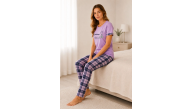 Kadın Pamuklu Penye Summer Baskılı Kısa Kollu Pijama Takımı Bisiklet Yaka Ekose Desenli - Lila