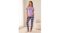 Kadın Pamuklu Penye Summer Baskılı Kısa Kollu Pijama Takımı Bisiklet Yaka Ekose Desenli - Lila
