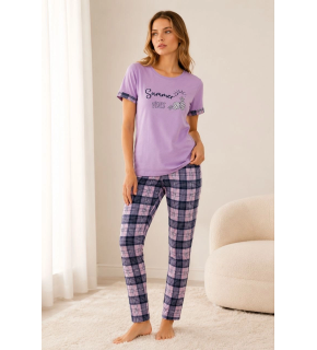 Kadın Pamuklu Penye Summer Baskılı Kısa Kollu Pijama Takımı Bisiklet Yaka Ekose Desenli - Lila