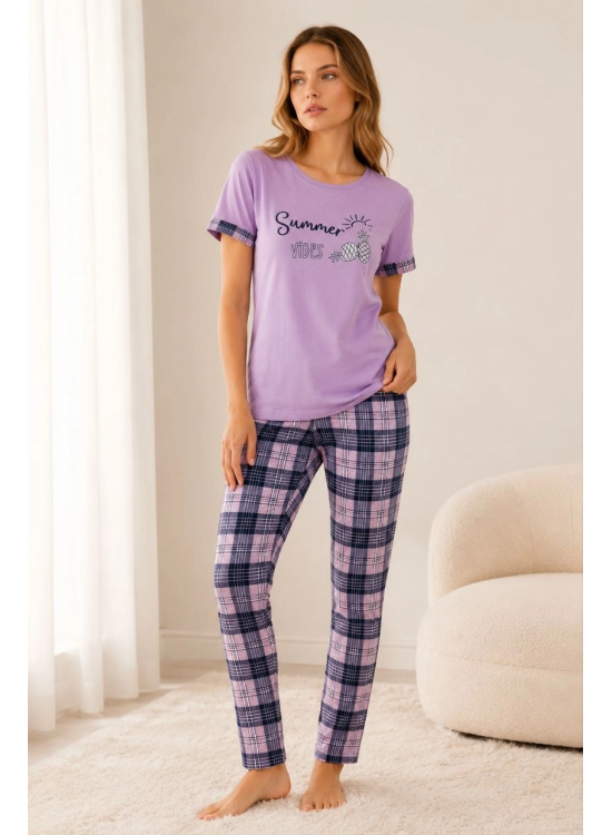 Kadın Pamuklu Penye Summer Baskılı Kısa Kollu Pijama Takımı Bisiklet Yaka Ekose Desenli - Lila