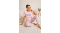 Kadın Pamuklu Penye Summer Baskılı Kısa Kollu Pijama Takımı Ekose Desenli - Pembe Kadın Pamuklu Penye Summer Baskılı Kısa Kollu Pijama Takımı Ekose Desenli - Pembe