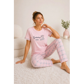 Kadın Pamuklu Penye Summer Baskılı Kısa Kollu Pijama Takımı Ekose Desenli - Pembe