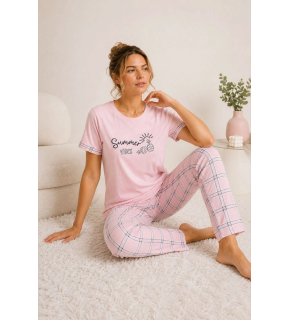 Kadın Pamuklu Penye Summer Baskılı Kısa Kollu Pijama Takımı Ekose Desenli - Pembe