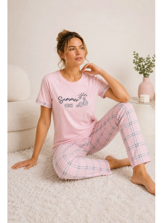Kadın Pamuklu Penye Summer Baskılı Kısa Kollu Pijama Takımı Ekose Desenli - Pembe Kadın Pamuklu Penye Summer Baskılı Kısa Kollu Pijama Takımı Ekose Desenli - Pembe