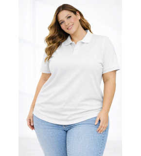 Kadın Battal Beden Tişört Polo Yaka Pike Kumaş Kısa Kol T-Shirt - Beyaz