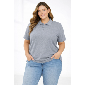 Kadın Battal Beden Tişört Polo Yaka Pike Kumaş Kısa Kol T-Shirt - Gri