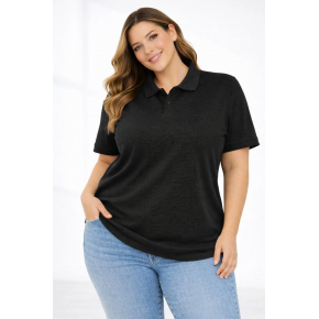 Kadın Battal Beden Tişört Polo Yaka Pike Kumaş Kısa Kol T-Shirt - Siyah