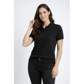 Kadın Polo Yaka Tişört Pike Kumaş Kısa Kol Regular Fit Yazlık T-Shirt - Siyah