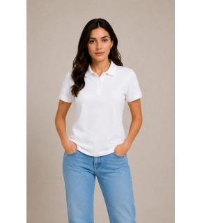Kadın Polo Yaka Pike Kumaş Düğmeli Basic Tişört Günlük Rahat - Beyaz