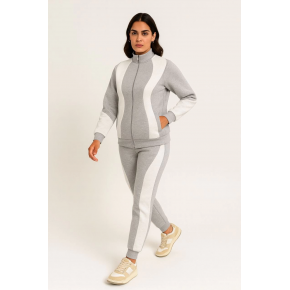 Kadın Premium Parçalı Eşofman Alt-Üst Takım - Dik Yaka Fermuarlı Sweatshirt - Gri