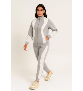 Kadın Premium Parçalı Eşofman Alt-Üst Takım - Dik Yaka Fermuarlı Sweatshirt - Gri