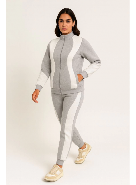 Kadın Premium Parçalı Eşofman Alt-Üst Takım - Dik Yaka Fermuarlı Sweatshirt - Gri
