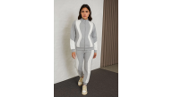 Kadın Premium Parçalı Eşofman Alt-Üst Takım - Dik Yaka Fermuarlı Sweatshirt - Gri