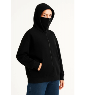 Kadın Samuray Ninja Çift Kapüşonlu Maske Detaylı 3 İplik Hoodie - Siyah