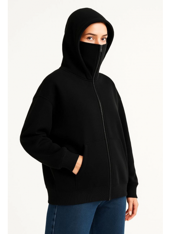Kadın Samuray Ninja Çift Kapüşonlu Maske Detaylı 3 İplik Hoodie - Siyah Kadın Samuray Ninja Çift Kapüşonlu Maske Detaylı 3 İplik Hoodie - Siyah