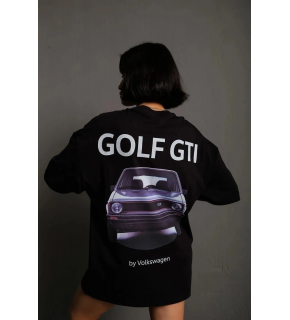Kadın Oversize Tişört Golf GTI Retro Araba Baskılı T-shirt - Siyah