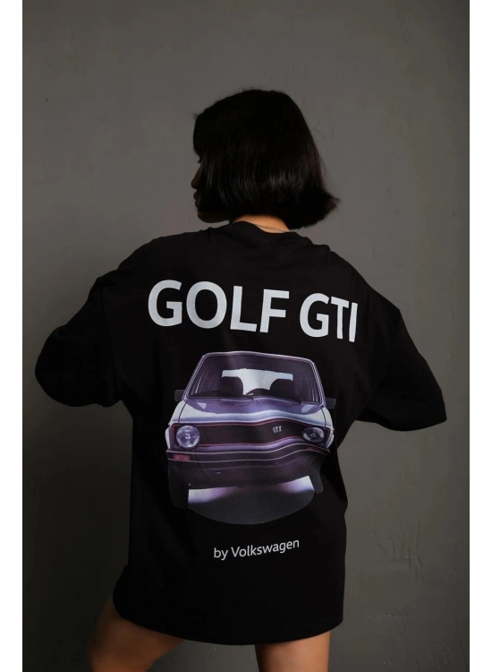 Kadın Oversize Tişört Golf GTI Retro Araba Baskılı T-shirt- Siyah Kadın Oversize Tişört Golf GTI Retro Araba Baskılı T-shirt- Siyah