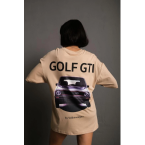 Kadın Oversize Tişört Golf GTI Retro Araba Baskılı T-shirt - Bej