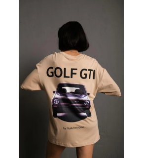 Kadın Oversize Tişört Golf GTI Retro Araba Baskılı T-shirt - Bej
