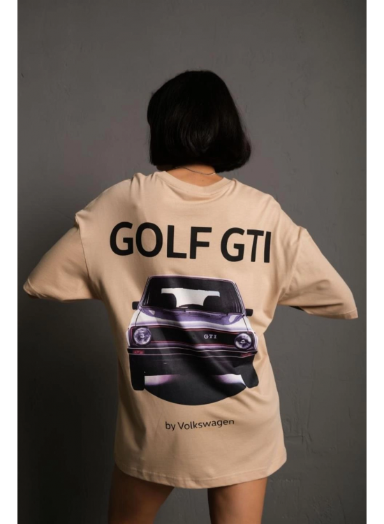 Kadın Oversize Tişört Golf GTI Retro Araba Baskılı T-shirt - Bej Kadın Oversize Tişört Golf GTI Retro Araba Baskılı T-shirt - Bej