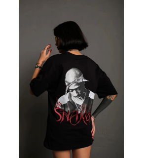 Kadın Baskılı T-Shirt Oversize Kısa kol Bisiklet yaka tişort- Siyah