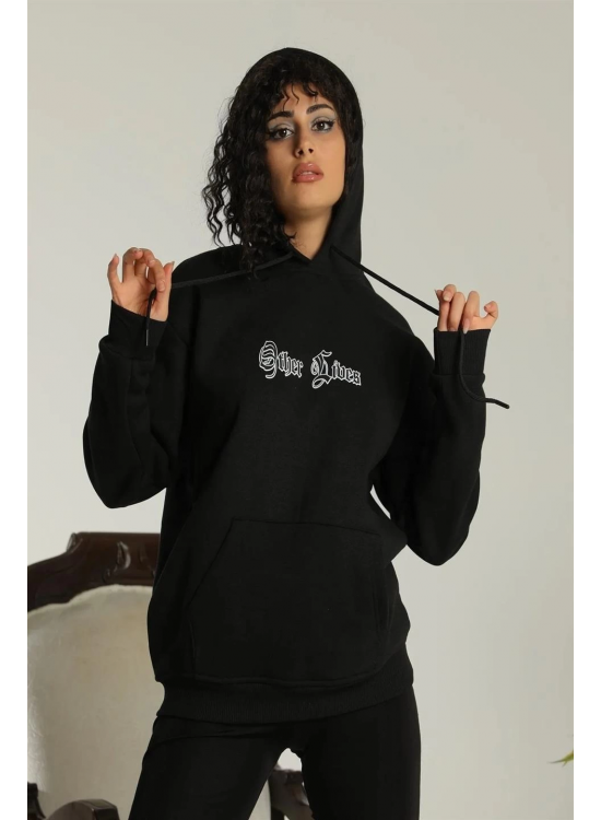 Kadın Oversize Kapüşonlu Cepli Baskılı 3 İplik Pamuklu Hoodie Sweatshirt - Siyah Kadın Oversize Kapüşonlu Cepli Baskılı 3 İplik Pamuklu Hoodie Sweatshirt - Siyah