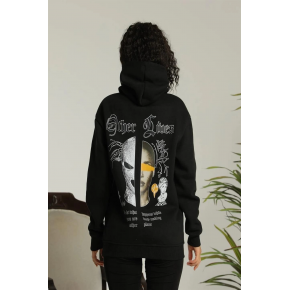 Kadın Oversize Kapüşonlu Cepli Baskılı 3 İplik Pamuklu Hoodie Sweatshirt - Siyah
