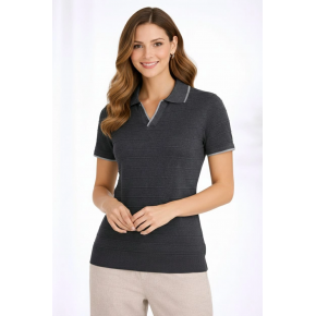 Kadın Yazlık Dokuma Triko Tişört Düğmesiz Polo Yaka Kısa Kol T-Shirt - Siyah