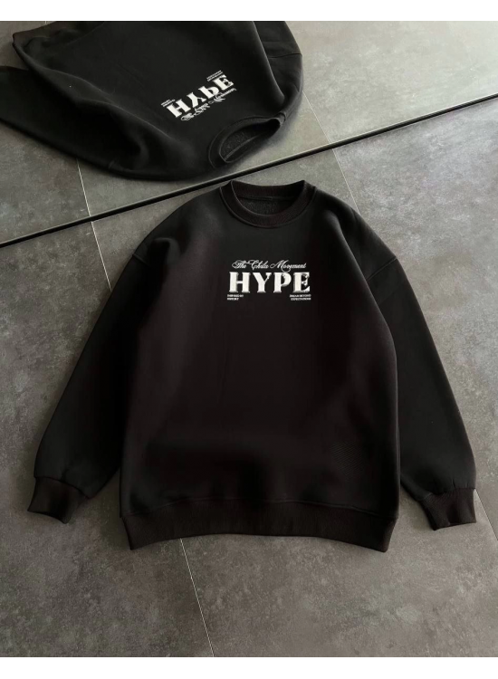 Kadın 3 İplik Pamuklu Bisiklet Yaka Baskılı SweatShirt - Siyah