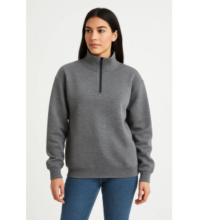 Kadın 3 İplik Pamuklu Dık Yaka Yarım Fermuarlı SweatShirt - Antrasit