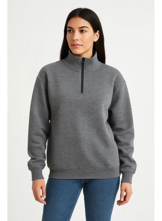 Kadın 3 İplik Pamuklu Dık Yaka Yarım Fermuarlı SweatShirt - Antrasit