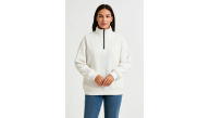 Kadın 3 İplik Pamuklu Dık Yaka Yarım Fermuarlı SweatShirt - Beyaz