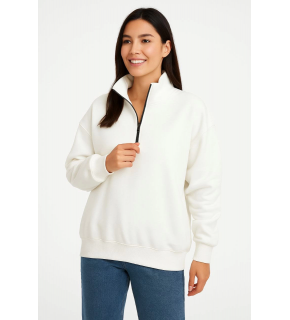 Kadın 3 İplik Pamuklu Dık Yaka Yarım Fermuarlı SweatShirt - Beyaz
