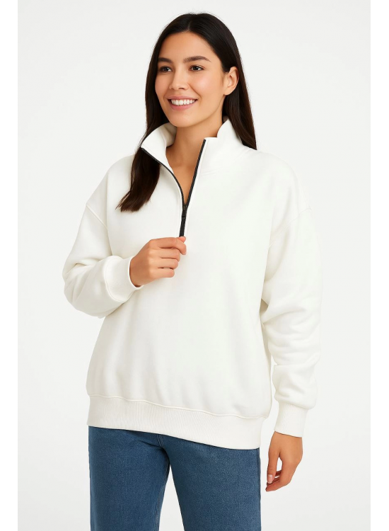 Kadın 3 İplik Pamuklu Dık Yaka Yarım Fermuarlı SweatShirt - Beyaz