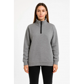 Kadın 3 İplik Pamuklu Dık Yaka Yarım Fermuarlı SweatShirt - Gri