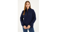 Kadın 3 İplik Pamuklu Dık Yaka Yarım Fermuarlı SweatShirt - Lacivert