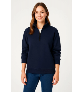 Kadın 3 İplik Pamuklu Dık Yaka Yarım Fermuarlı SweatShirt - Lacivert