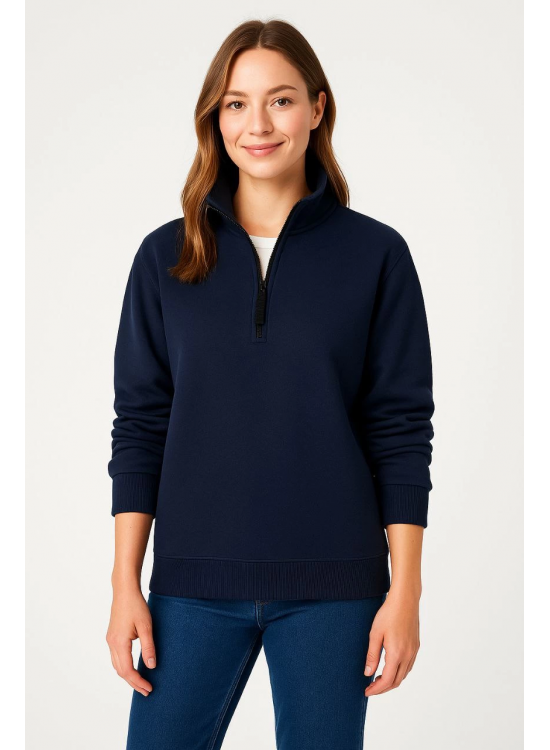 Kadın 3 İplik Pamuklu Dık Yaka Yarım Fermuarlı SweatShirt - Lacivert