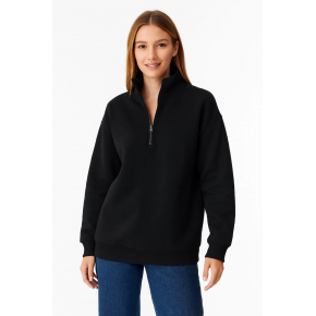 Kadın 3 İplik Pamuklu Dık Yaka Yarım Fermuarlı SweatShirt - Siyah